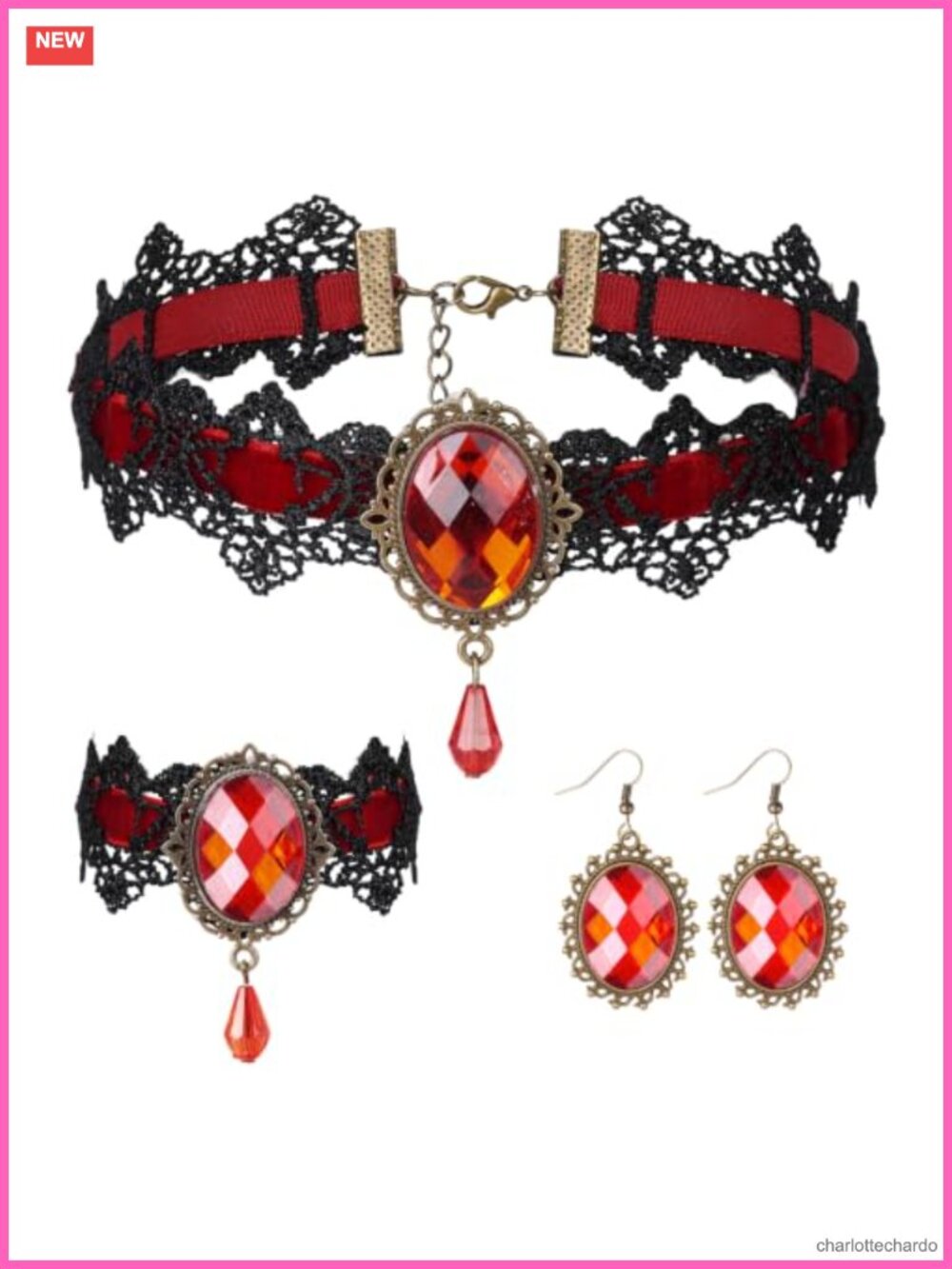 Gothic Lace Choker Necklace Bracelet Earrings Set Vampire Costume